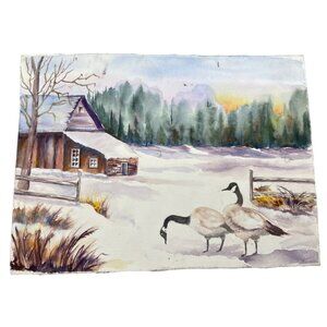 Handcrafted Watercolor Painting Of Winter Scenery With Geese landscape READ